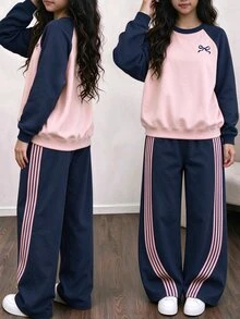青少年女孩 2 件組拼色蝴蝶結印花圓領衛衣與寬腿長褲，條紋袖秋季套裝 - 彩色 - 查看 3