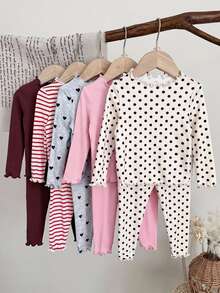 SHEIN LMoss Kids Baby Girl Knit Solid Color Polka Dot Striped Heart Pattern Ruffle Trim T-Shirt And Long Pants 10pcs -Piece Set - Burgundy - View 5