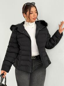 Firerie Plus Size Winter Faux Fur Hooded Jacket With Zipper And Cinching Waist - Black - View 3