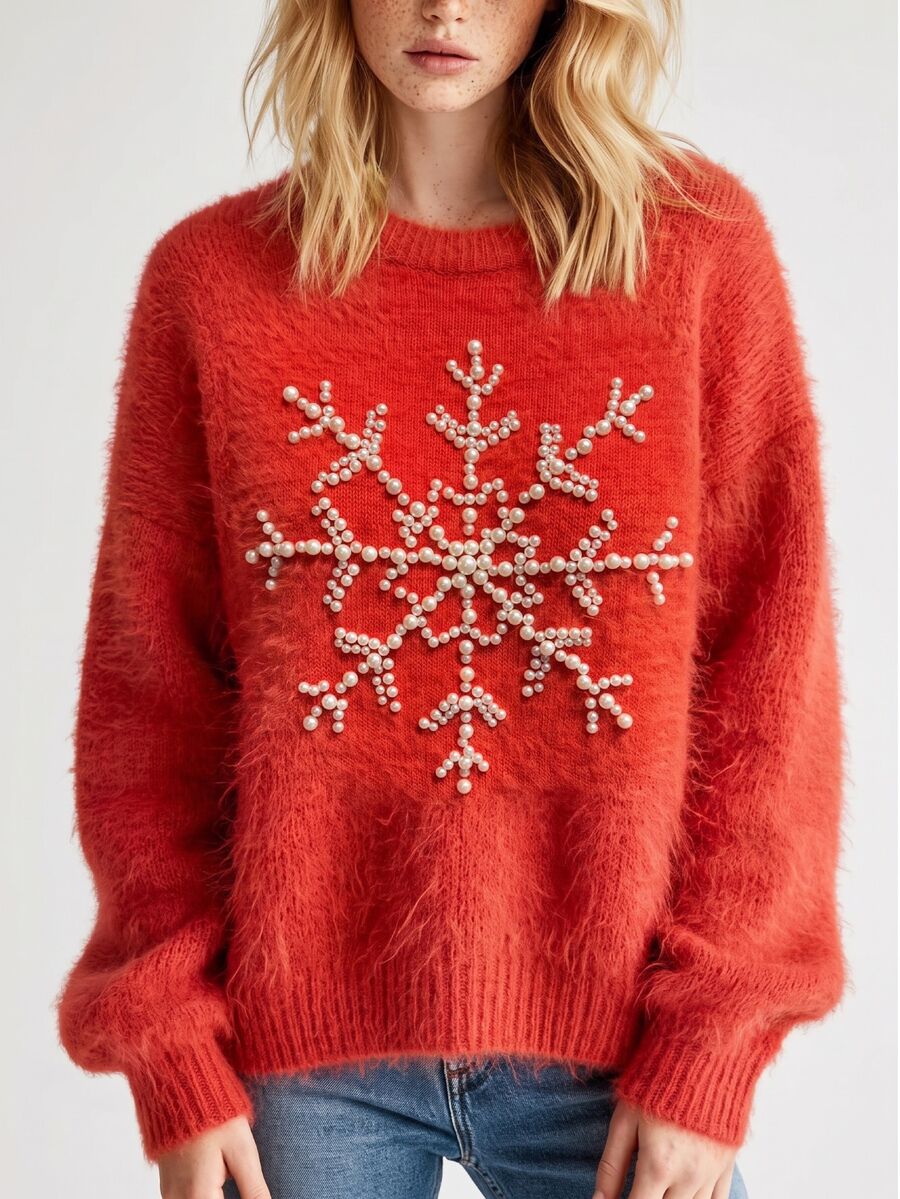 SHEIN 聖誕紅色雪花串珠毛絨女款圓領寬鬆慵懶套頭上衣 - 紅色 - 查看 1