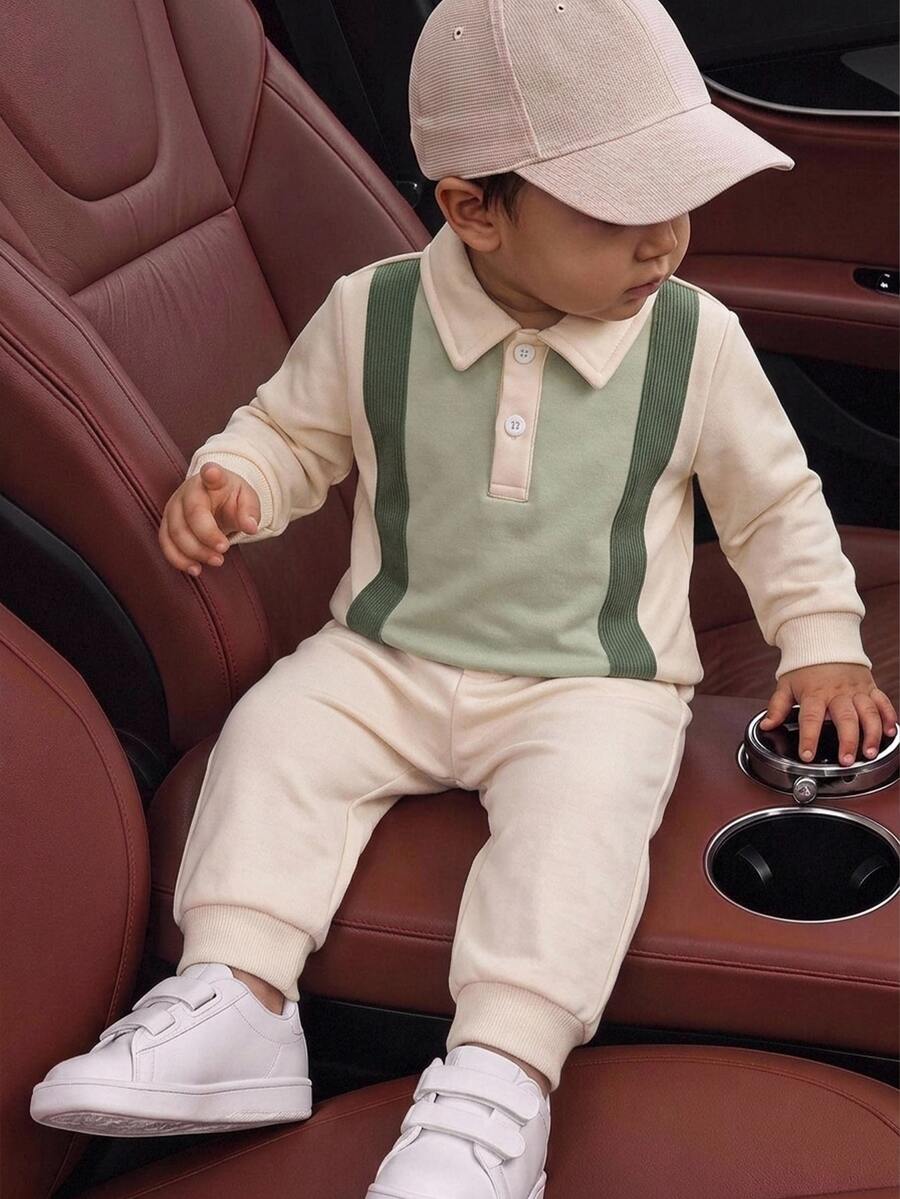 SHEIN Baby Boy Collared Button Long Sleeve Colorblock Sweatshirt And Solid Color Pants Set - Apricot - View 1