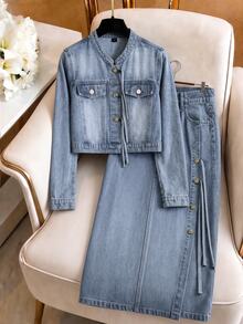 GlowEve Women's Single-Breasted Fashion Short Denim Jacket - Blue - View 3