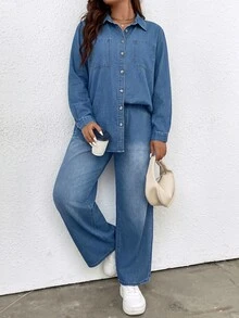 SHEIN Holidaya Plus Size Women's Single-Breasted Long Sleeve Jacket And Pants Casual Daily Denim 2 Pieces Set - Blue - View 1