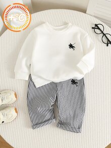 SHEIN 男女嬰幼兒 2 件組秋冬保暖內裡加厚休閒可愛運動衫套裝，嬰兒冬季套裝，聖誕，運動服 - 黑色 - 查看 5