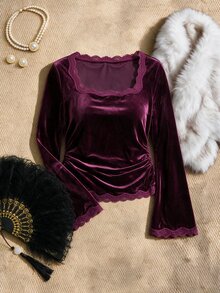 EastFlair Blus Elegan Berbahan Renda Patchwork Ukuran Plus - Burgundy - View 2