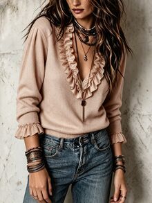 LUMIGAL Autumn/Winter New Loose Casual Solid Color Half-Zip Elegant Lace Patchwork Knit Top - Khaki - View 4