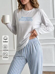 SHEIN Cotton 2pcs Women Line Print Pant And Slogan Print Top Homewear Pajama Set - Baby Blue - View 1