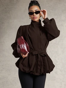 Silquee Women's Fashion Vintage Elegant Button Pocket Long Sleeve High Neck Jacket Office Burgundy Autumn - Coffee Brown - View 3