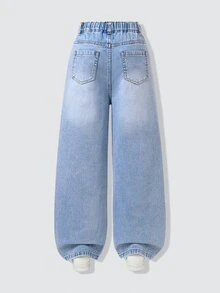 SHEIN Genkimix Kids 青少年女孩破洞寬腿牛仔褲 不對稱腰頭 牛仔長褲 高街時尚 Y2K 風格 - 淺色水洗藍 - 查看 2