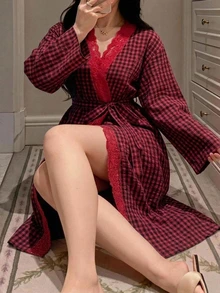 Dazy Plus Red Contrast Lace Plaid Loose Tie Elegant Nightgown - Burgundy - View 3