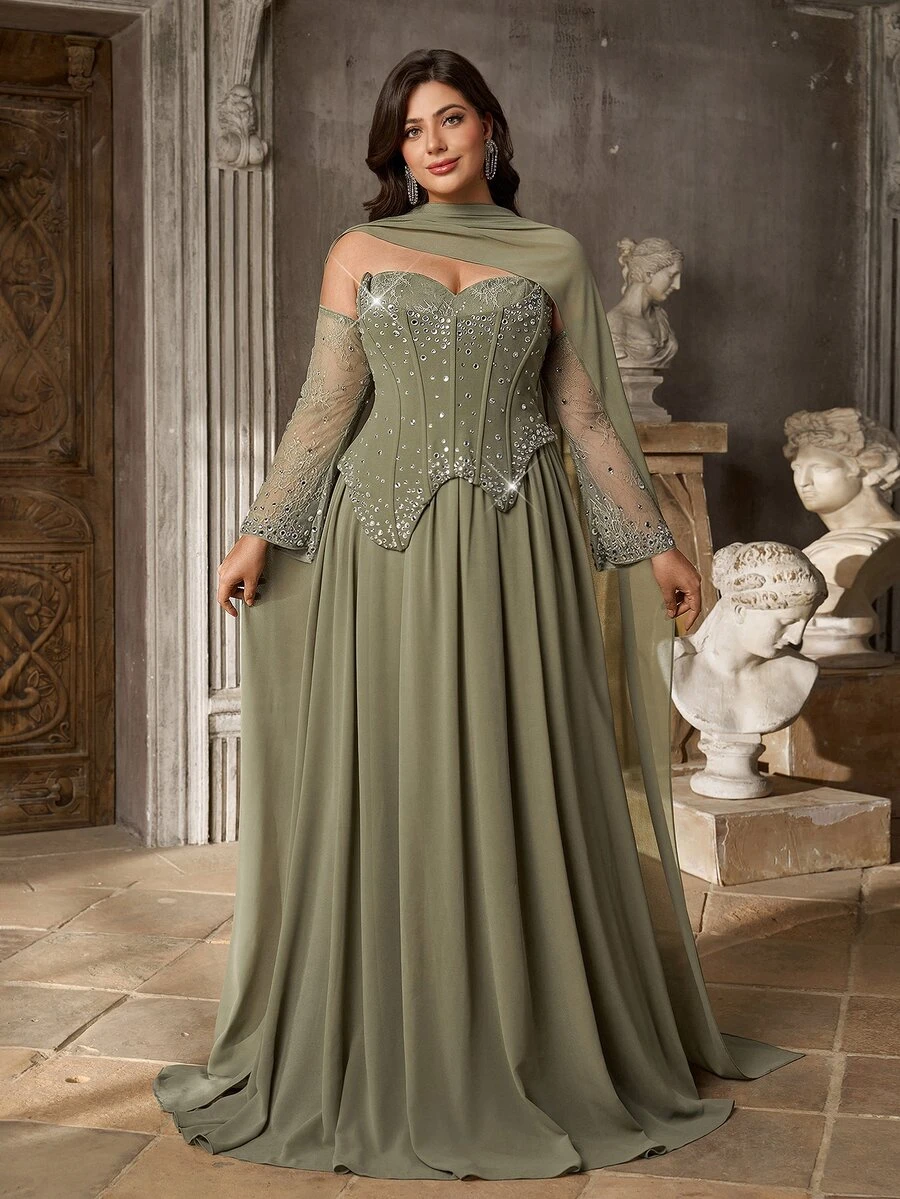 Aureia Plus Size Women's Rhinestone Decorated 3D Boning Asymmetrical Hem Mesh Patchwork Formal Evening Gown (Heavy Embellishment Style) - Olive Green - View 1