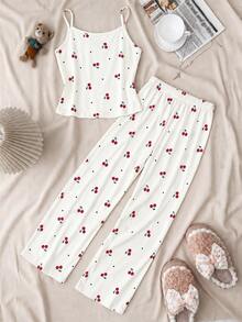 Tween Girl Cherry Print Camisole Top And Long Pants Loungewear Set - Multicolor - View 2