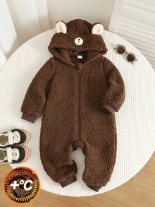 SHEIN 中性新生兒、男嬰/女嬰、幼兒秋冬保暖內裡加厚可愛熊絨毛連帽連身衣，嬰兒冬季連身衣，聖誕節 - 摩卡棕 - 查看 1