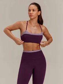 GLOWMODE FeatherFit™ Gingham Glow Soft Sweat-Wicking Gingham Trim Sports Bra With Varsity Style Logo Removable Cups Low Impact Yoga Studio Pilates Daily Wear - Bold Plum - View 4