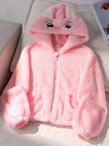 SHEIN Elladie kids 1件女款甜美風休閒Y2K可愛外套，校園休閒穿搭，秋冬3D貓咪刺繡連帽寬鬆抓絨夾克，學校健身房穿著，粉色 - 粉色 - 查看 3