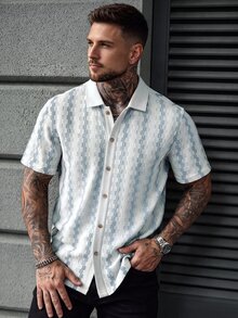 Manfinity CasualCool 男士對比色前開鈕扣短袖粉色與白色條紋襯衫 度假夏季休閒熱帶風 - 藍白色 - 查看 1