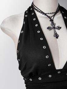 SHEIN ICON Women's Plus Size Metal Eyelet Pleated Halter Neck Tie Tank Top - Black - View 8