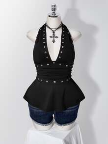 SHEIN ICON Women's Plus Size Metal Eyelet Pleated Halter Neck Tie Tank Top - Black - View 3