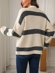 EMERY ROSE Fall Winter Striped V‑Neck Knit Cardigan, Button Front Balloon Sleeve Loose Sweater Jacket - Multicolor - View 2