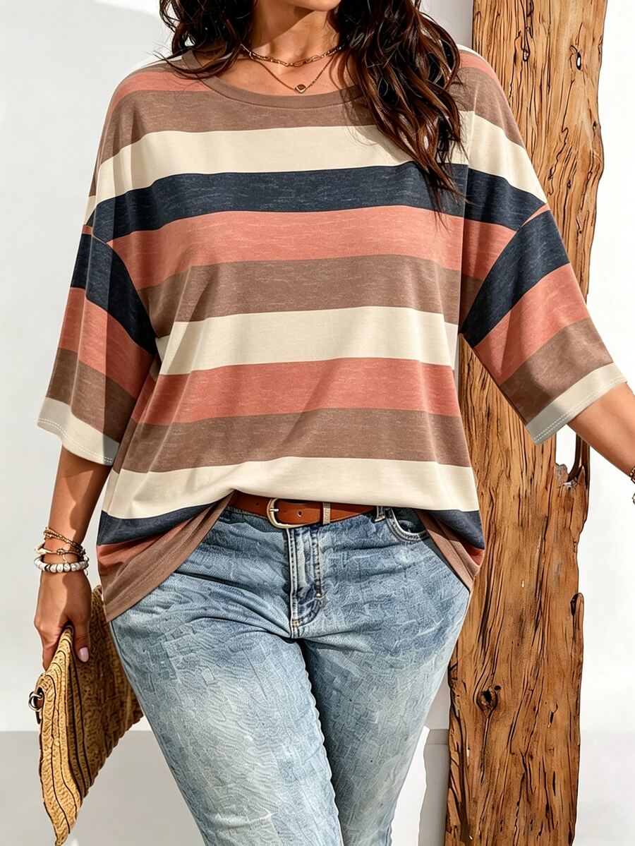 Breezaya Plus Size Women Casual Vintage Stripe Print Drop Shoulder T-Shirt - Multicolor - View 1