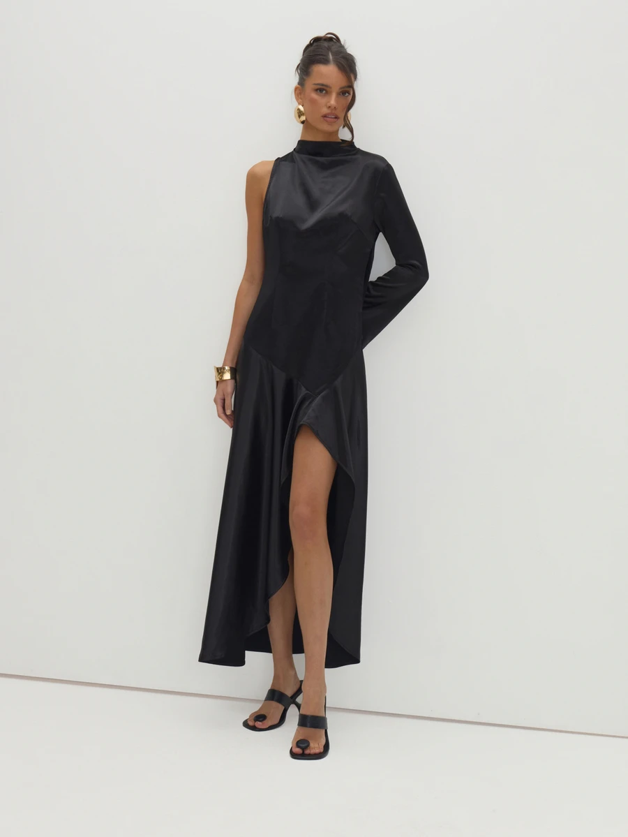 MUSEYN Black Satin One Sleeve Asymetric Hem Midi Dress - Black - View 1