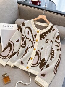 EMERY ROSE 2025 Plus Size Women's Fashionable Casual Minimalist Versatile Multi-Colour Fair Isle Pattern Gemstone Floral Button Small Round Neck Knitted Cardigan - Apricot - View 4