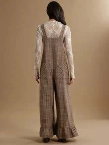 WESTFADE Brown Adjustable Strap Relaxed Wide Leg Ruffle Plaid Jumpsuit Overalls, Fall, Autumn Winter, Country, Cowgirl, Cute, Western, Thanksgiving Outfit - Multicolor - View 4