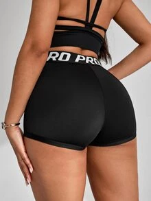Slayform Women's Waist Letter Pattern Contrast Mesh Casual Versatile Sports Shorts - Black - View 4