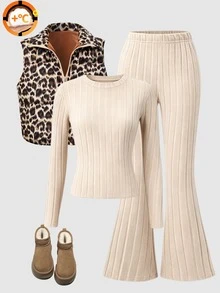 Tween Girl Long Sleeve Mini Knitted Black Coat Set Halloween Autumn Fall Style Fall Outfits - Apricot - View 3