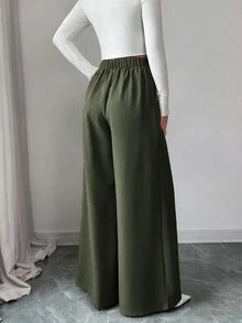 Elenzga Deep Army Green Asymmetrical Fold High Waist Wide Leg Suit Pants For Women, Side Button Decor, Center Seam Pleated Draped Long Trousers For Office Commute - Army Green - View 2