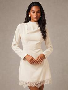 COSMINA Women's Mini Dress With Pleated Design And Lace Patchwork Details - Apricot - View 3