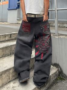 STEELVANCE 街頭風復古時尚百搭做舊水洗對比鉚釘貓鬚刺繡毛邊設計寬鬆直筒寬腿休閒牛仔褲（不含腰帶與配件） - 黑色 - 查看 2