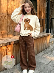 (1套) 青少年女孩秋冬休閒清新可愛小狗愛心眼鏡小圓點圓領衛衣搭配寬腿褲 - 彩色 - 查看 4