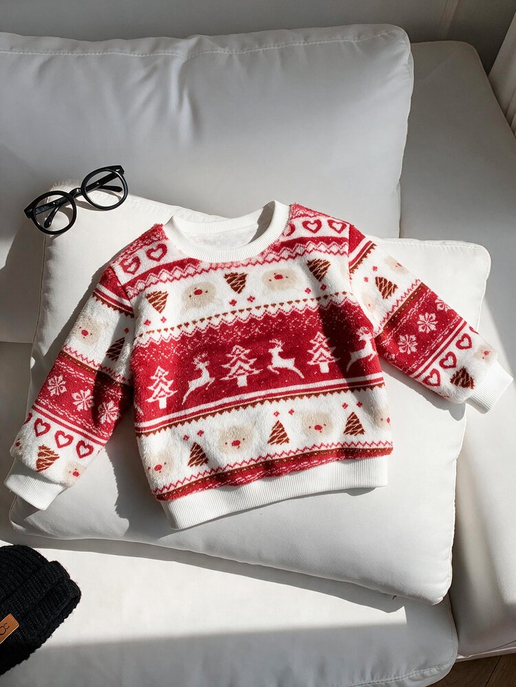 SHEIN Baby Boy Baby Girl Baby Boy Baby Boy Outfits Bebe Clothes Cartoon Reindeer Christmas Tree Pattern Knitted Soft Round Neck Long Sleeve Fleece Pullover Sweatshirt Suitable For Christmas - Apricot - View 1