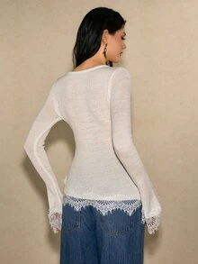 Poéselle Women's Soft Style Lace Patchwork Fashion Sweater - White - View 2