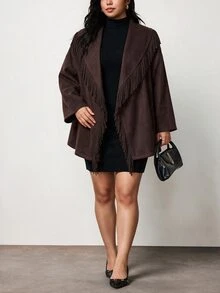 Truni Plus-Size Women's Dark Brown Wool Coat, An Elegant Autumn Commuter Style Pear Body,Triangle Body - Brown - View 4