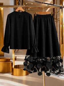 SHEIN LUNE Plus Size Elegant Fashion Beaded Decor Top And Mesh Patchwork Skirt Set - Black - View 2