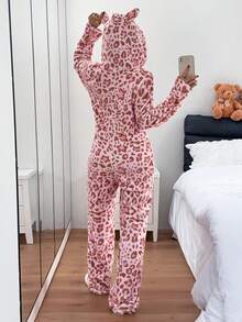 Napfluff Pink Leopard Print Star Pattern Hooded Zip-Up One-Piece Pajamas, Cozy Loungewear For Home - Pink - View 2
