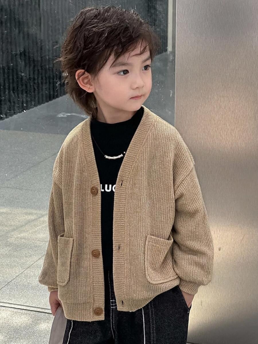 Dazy Kids 兒童秋季男童小號寬鬆休閒V領針織開襟外套,紋理面料 - 棕色 - 查看 1