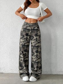 SHEIN Tall 女款迷彩休閒日常旅行牛仔褲，附口袋與鈕扣設計 - 彩色 - 查看 6
