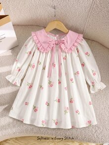 SHEIN LMoss Kids 女嬰女童可愛度假休閒圖案蝴蝶結長袖寬鬆洋裝，秋季花卉洋裝，粉色彼得潘領 - 彩色 - 查看 3