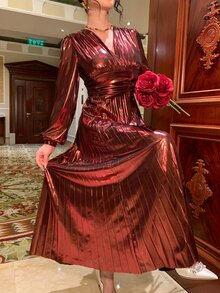DAZY Women's Metallic Texture V-Neck Long Sleeve Pleated Elegant Dress Fall - Brown - View 8