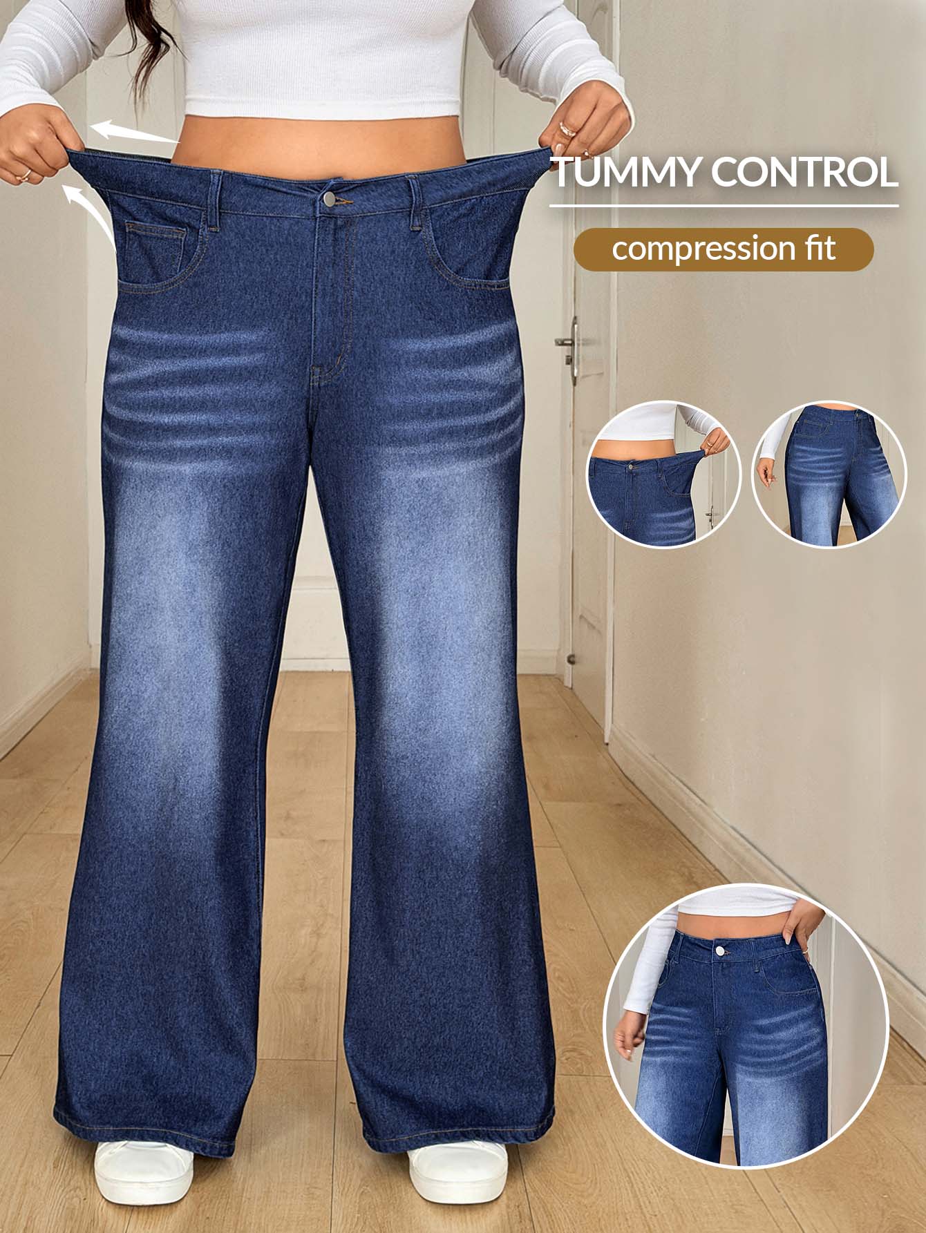 Flexra Festival Plus Size Women's Blue Stretch Sexy Slim Fit Straight Leg Jeans - Dark Wash - View 1