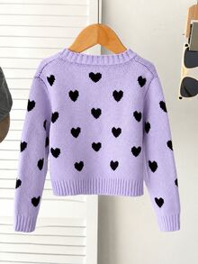 SHEIN Playful Pals 女童厚針織蝴蝶結開襟外套，愛心圖案鈕扣針織夾克，冬季仙女風返校穿搭，秋冬長袖上衣 - 紫色 - 查看 6