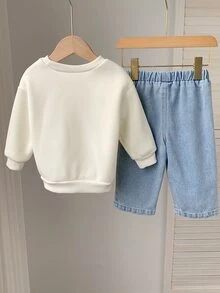 SHEIN 2件組 嬰兒男童/女童秋冬連帽衛衣與牛仔褲套裝 星星圖案水洗破洞牛仔兩件套 - 彩色 - 查看 3