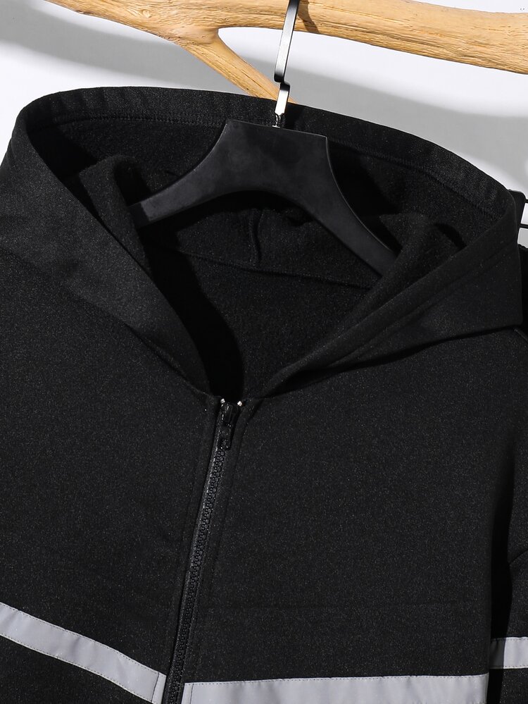 Teen Boy Reflective Webbing Contrast Zipper Hooded Sweatshirt And Pants Set - Black - View 3