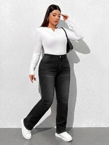 SHEIN ICON 大尺碼高腰水洗牛仔褲 - 黑色 - 查看 4