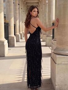 Poshira Women's Glamorous Sequin Tassel Cocktail Dress Evening Gown - Black - View 6