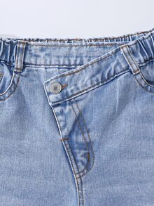 SHEIN Genkimix Kids 青少年女孩破洞寬腿牛仔褲 不對稱腰頭 牛仔長褲 高街時尚 Y2K 風格 - 淺色水洗藍 - 查看 5