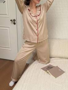 Livesso Women's Contrast Trim Ruffle Collar Single-Breasted Long Sleeve Top & Casual Long Pants Pajama Set - Pink - View 6